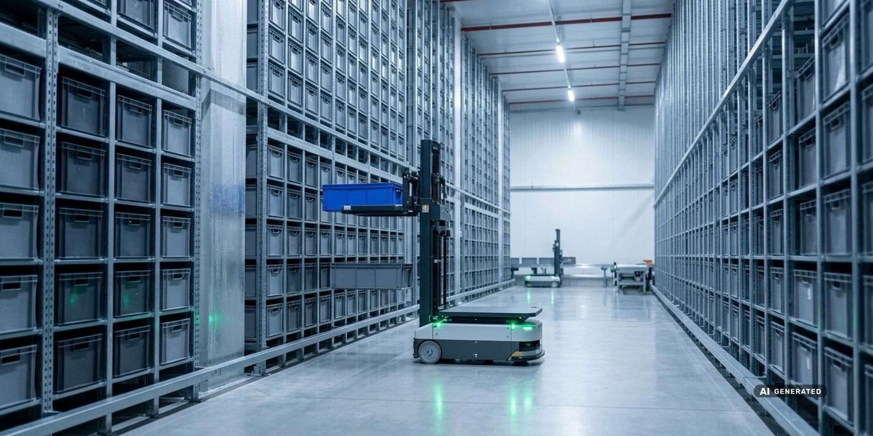 Autonomer Roboter kommissioniert Behälter in einer temperaturgeführten Kontraktlogistik-Immobilie in NRW. Smarte FEFO-Prozesse im modernen Lager.